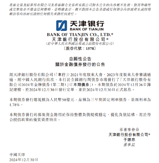 天津银行:2024年金融债券(第二期)发行完毕