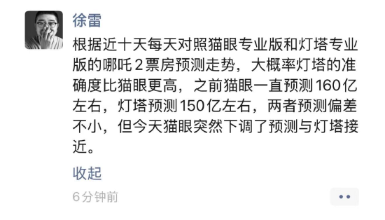 徐雷:预测哪吒2票房,灯塔准确度比猫眼更好