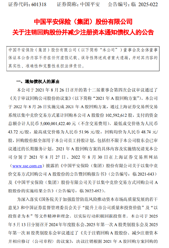 中国平安:注销1.03亿股回购股份并相应减少注册资本