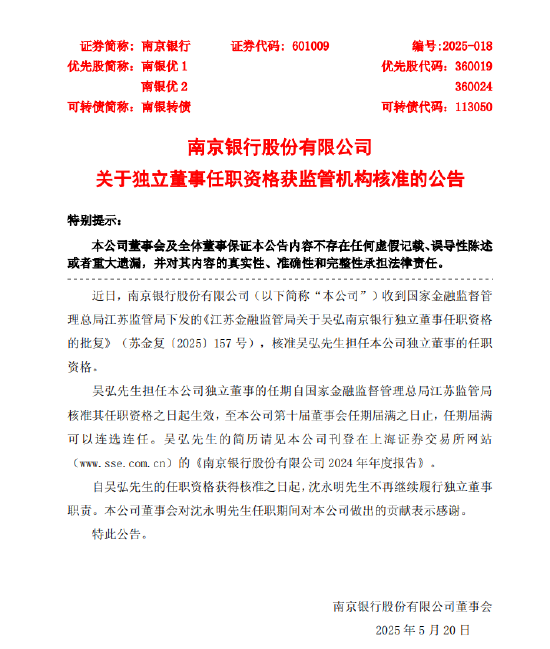 南京银行：吴弘独立董事任职资格获批