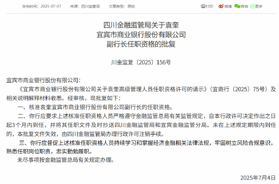 袁奎宜宾银行副行长任职资格获批