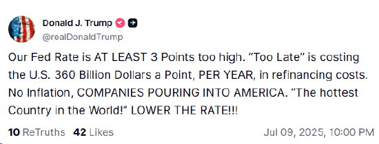 特朗普：美联储利率至少高了3个百分点
