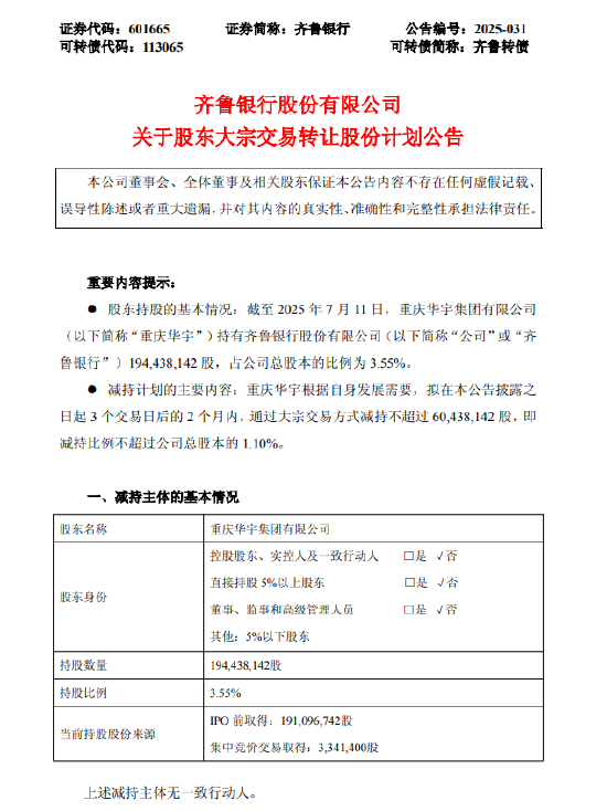 齐鲁银行：股东重庆华宇集团拟减持不超1.1%公司股份