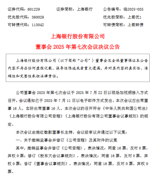 上海银行：撤销监事会并修订《公司章程》