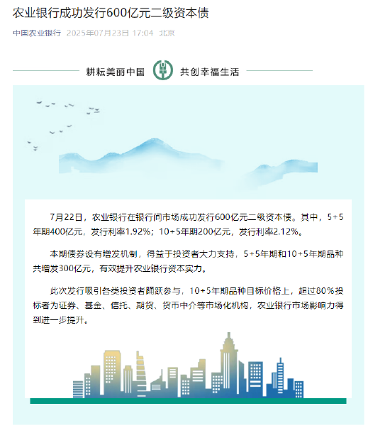 农业银行完成发行600亿元二级资本债