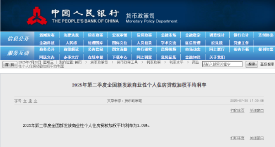央行：第二季度全国新发放商业性个人住房贷款加权平均利率为3.09%