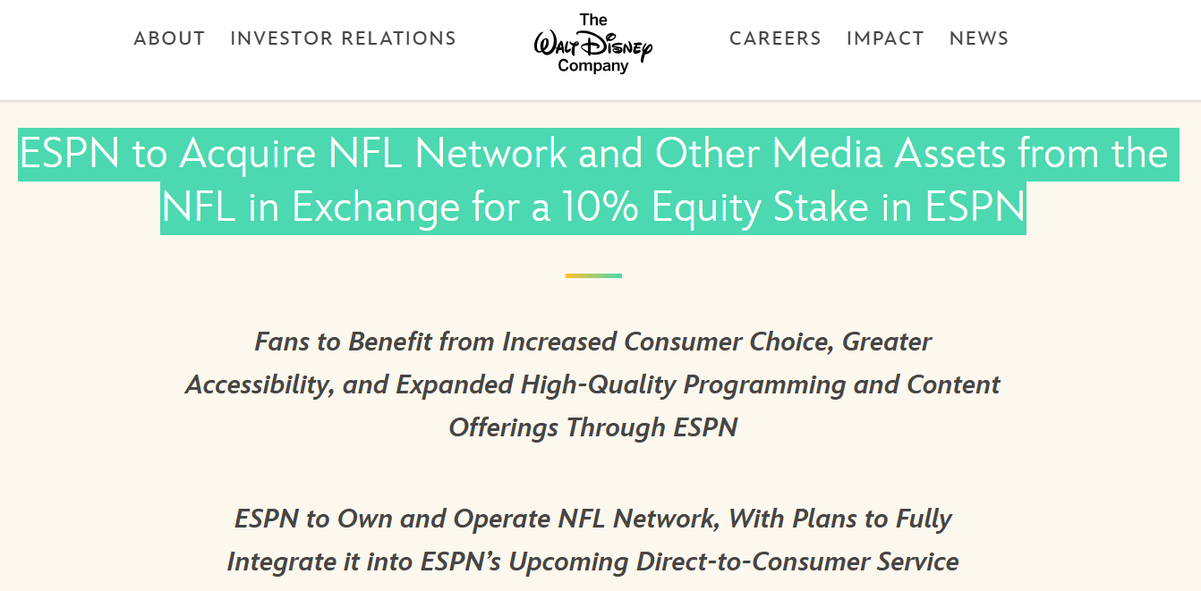 迪士尼“魔法”再出手！ESPN以10%股权换购NFL电视网