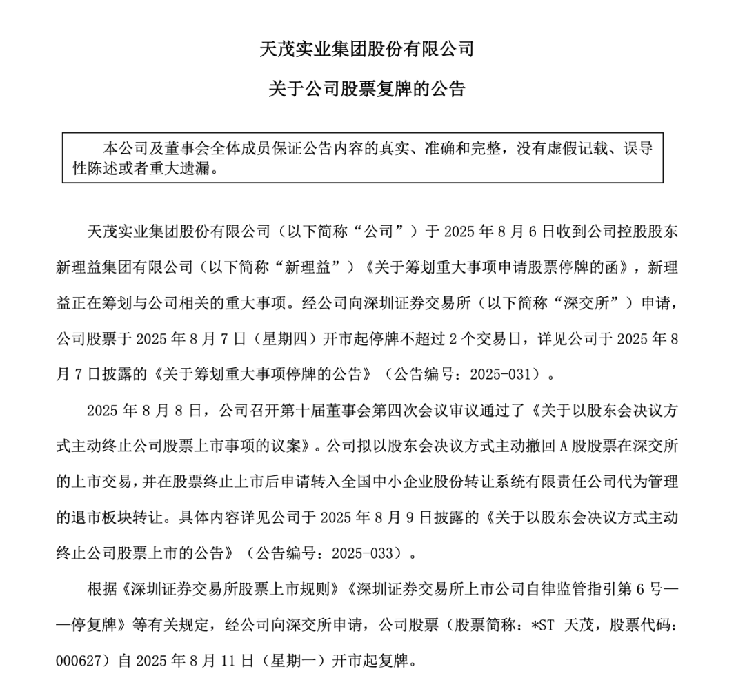 深夜突发！*ST天茂，拟主动退市！