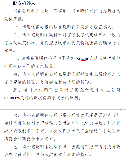 卧安机器人港股上市收到证监会反馈意见：需说明备案材料对控股股东认定结果不一致的原因及认定标准